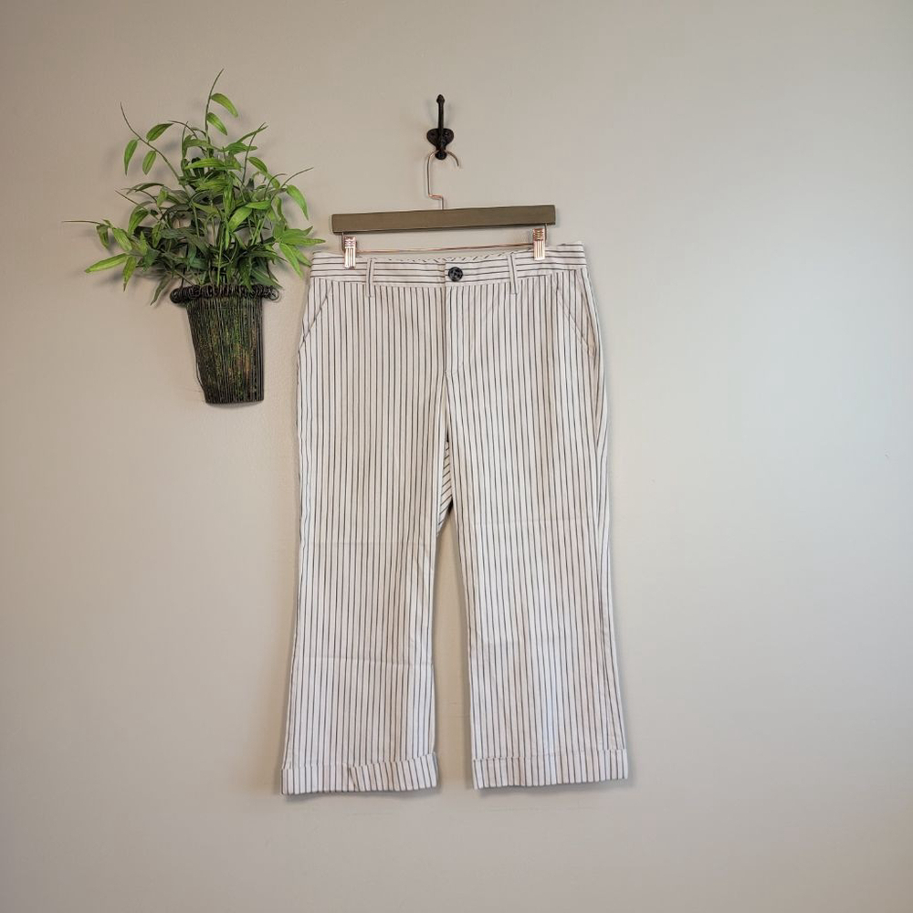 Cabi Straight Leg Blue Stripe Capri Pants Stretch Cuffed Cropped Casual 10 30